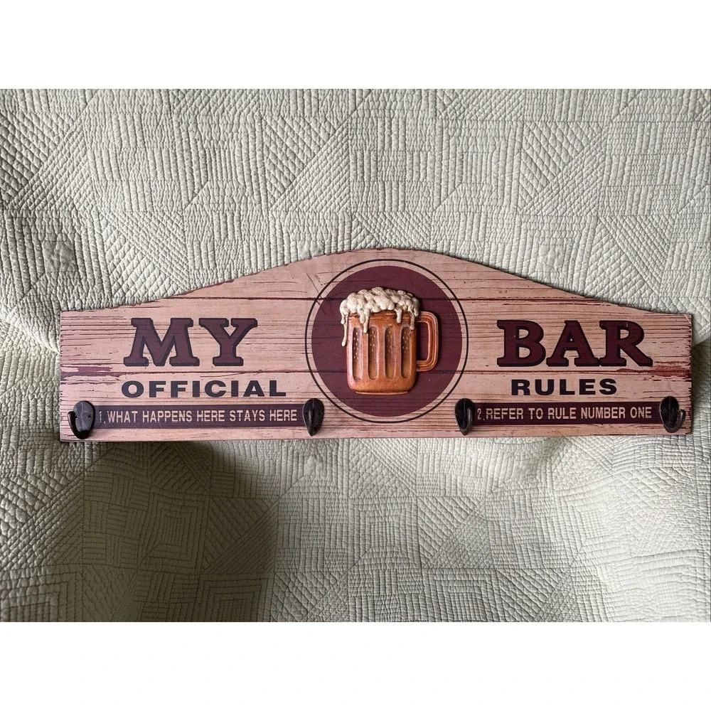 My Bar Official Rules Rustic Wood Wall Sign Beer Mug 4 Hooks 24